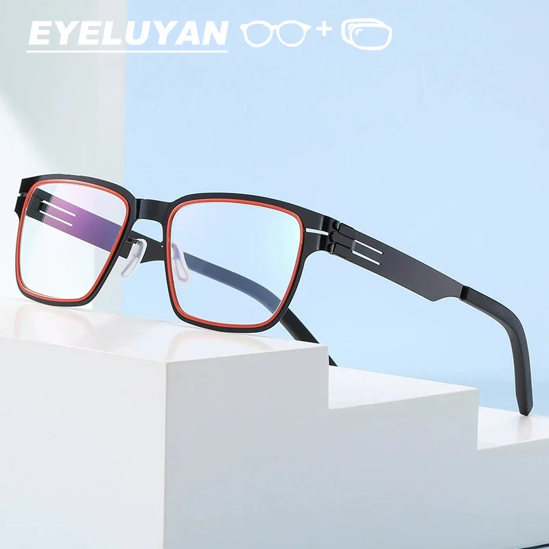 

EYELUYAN Men's Two-tone Black Red Square Eyeglass Frame Classic Full Rim Metal Optical Glasses Frame Prescription Spectacles