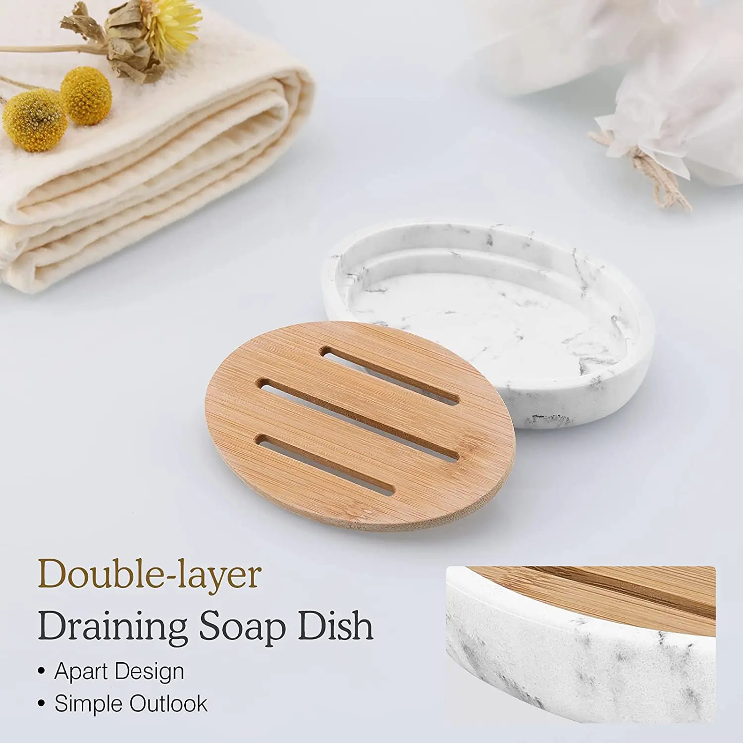 Soap Dish Tray,Resin Soap Dish,Bamboo Soap Bar Holder Box for Shower Kitchen Sink,Double Layer Draining Wood Soap Container Box