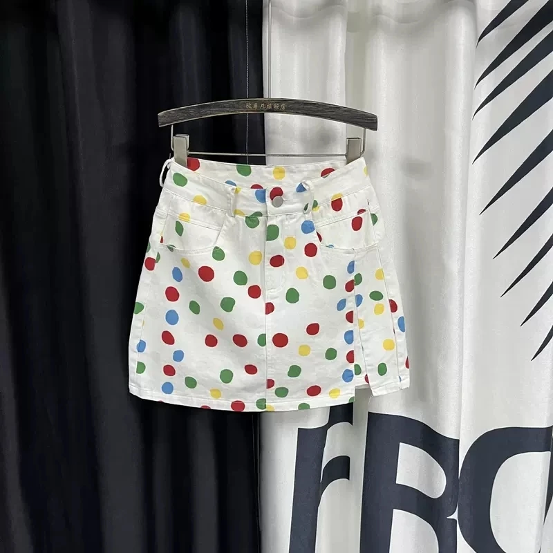 

Polka dot denim skirt women's short skirt 2023 summer new high waist wrap hip skirt A-line skirt sweet