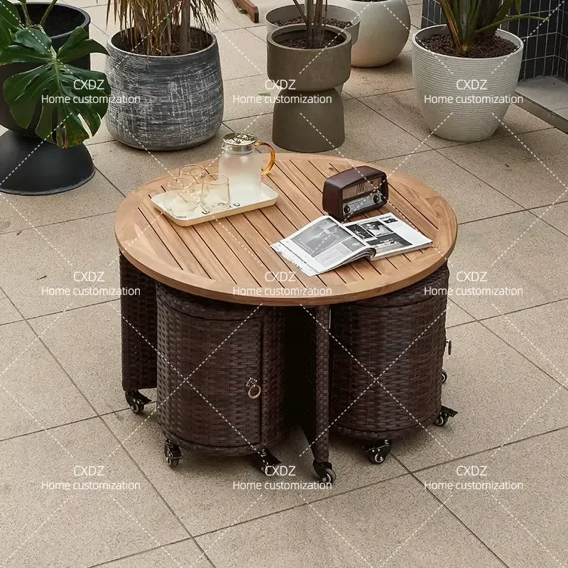 Outdoor Rattan Storage Table and Chair Set Removable Garden Balcony Tea Table Furniture Combination for Home Patio