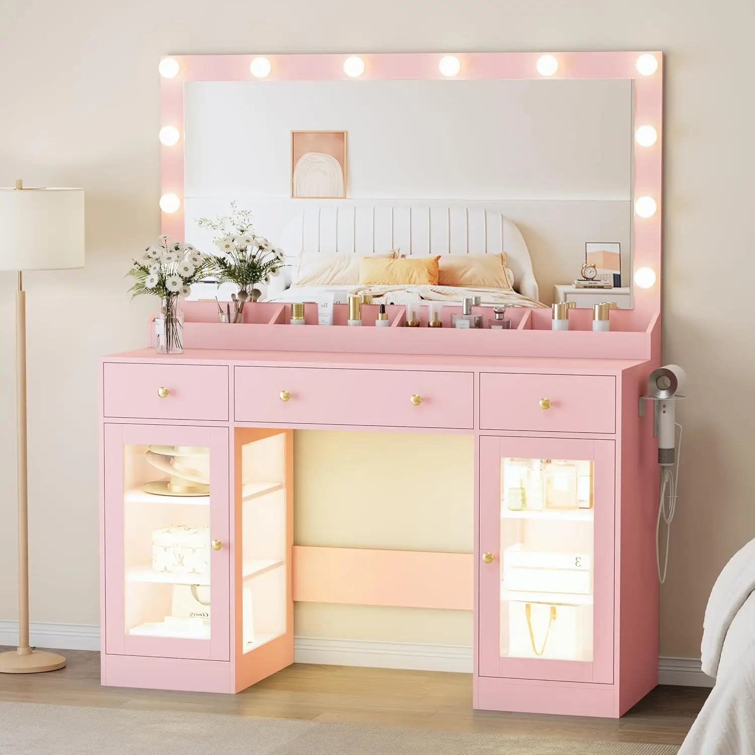 47in Vanity Desk with Lighted Mirror & Charging Station, RGB Cabinet, 3 Color Modes, Pink, Customized