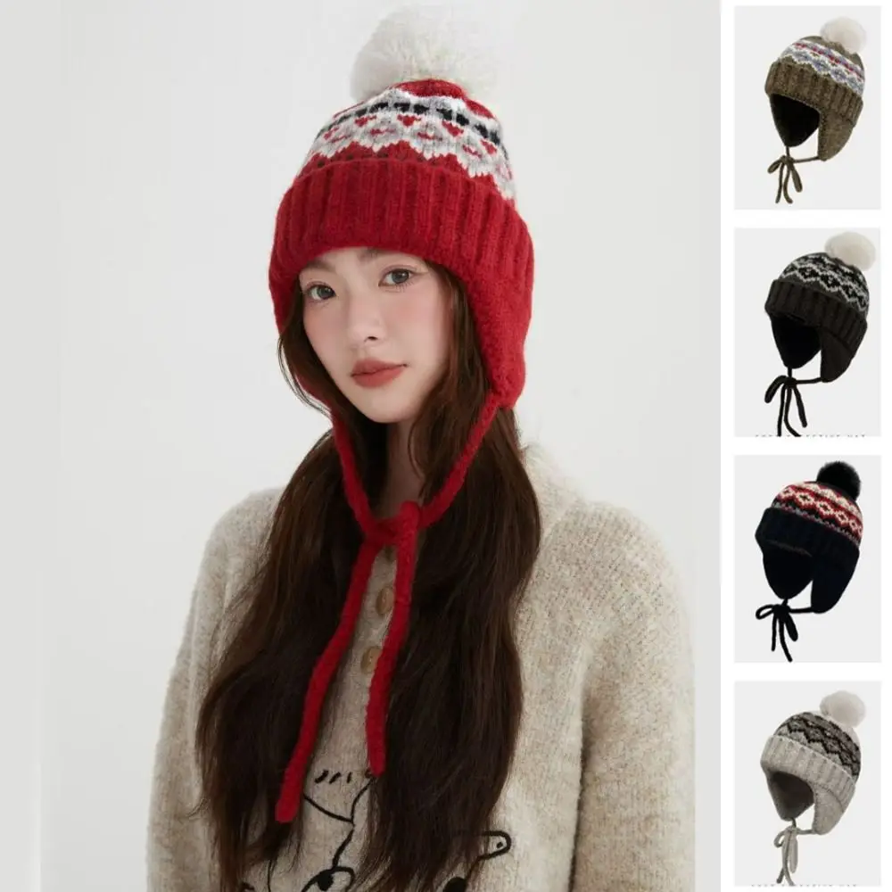 

Sweet Warm Jacquard Knitted Hat Wool Printed Fair Isle Style Beanies Vintage Korean Lei Feng Hat Outdoor