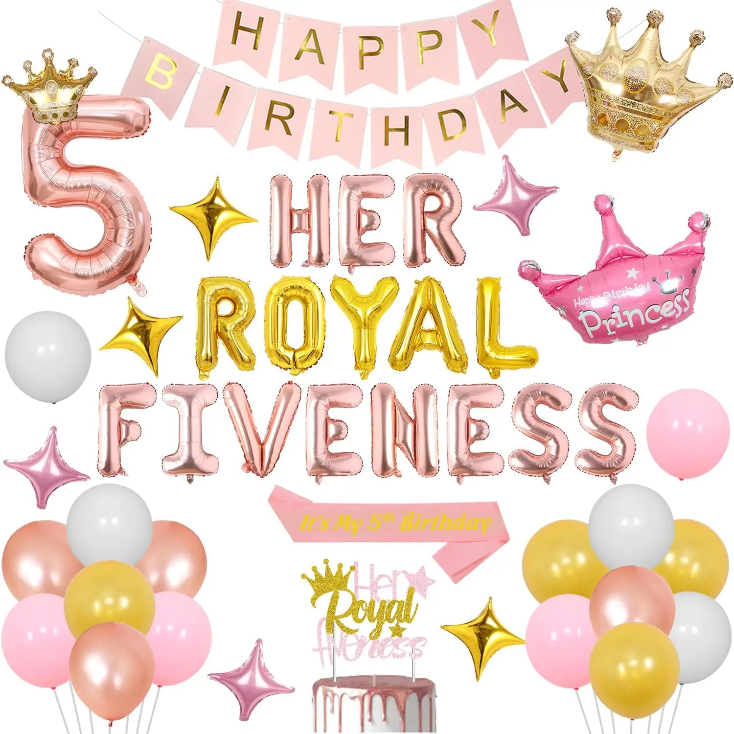 

Sursurprise Her Royal Fiveness Birthday Party Crown Foil Balloons Cake Topper for Princess Girl Birthday Party Supplies