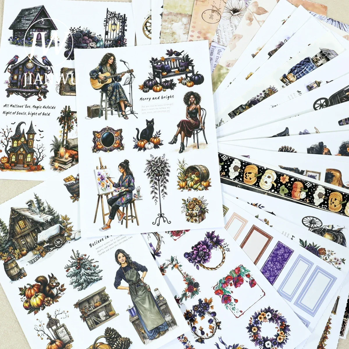 JIANWU 24 Sheets Vintage Halloween Witch Manor Landscape Material Collage Scrapbooking Sticker Book Creative Journal Stationery