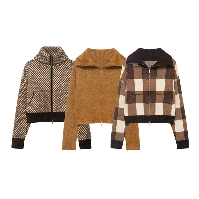 

New Women's Knitted Cardigan Sweater Fashion Turn-down Collar Long Sleeves Sweaters Female Knit Outerwear Chic Tops