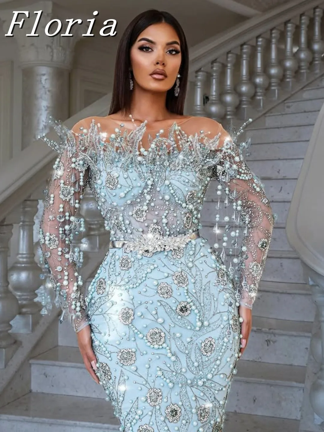 

Customized Sky Blue Beaded Mermaid Prom Dresses 3D Leave Appliques Formal Evening Party Gowns Tassel Sleeves Gala Dress No Belt