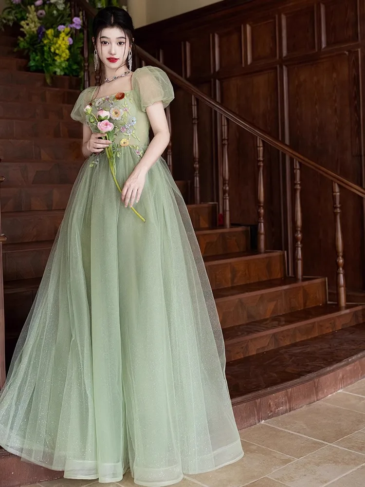 Zielona sukienka wieczorowa z kwadratowym dekoltem, lekka elegancja, krótkie rękawy, tiulowe sukienki na przyjęcia, eleganckie aplikacje, suknie na ceremonie dla dorosłych.