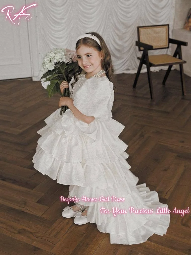 Elegant White Puff Sleeve Satin Flower Girl Dress For Wedding Birthday First Communion Multi Tiered Ruffle Train Gowns