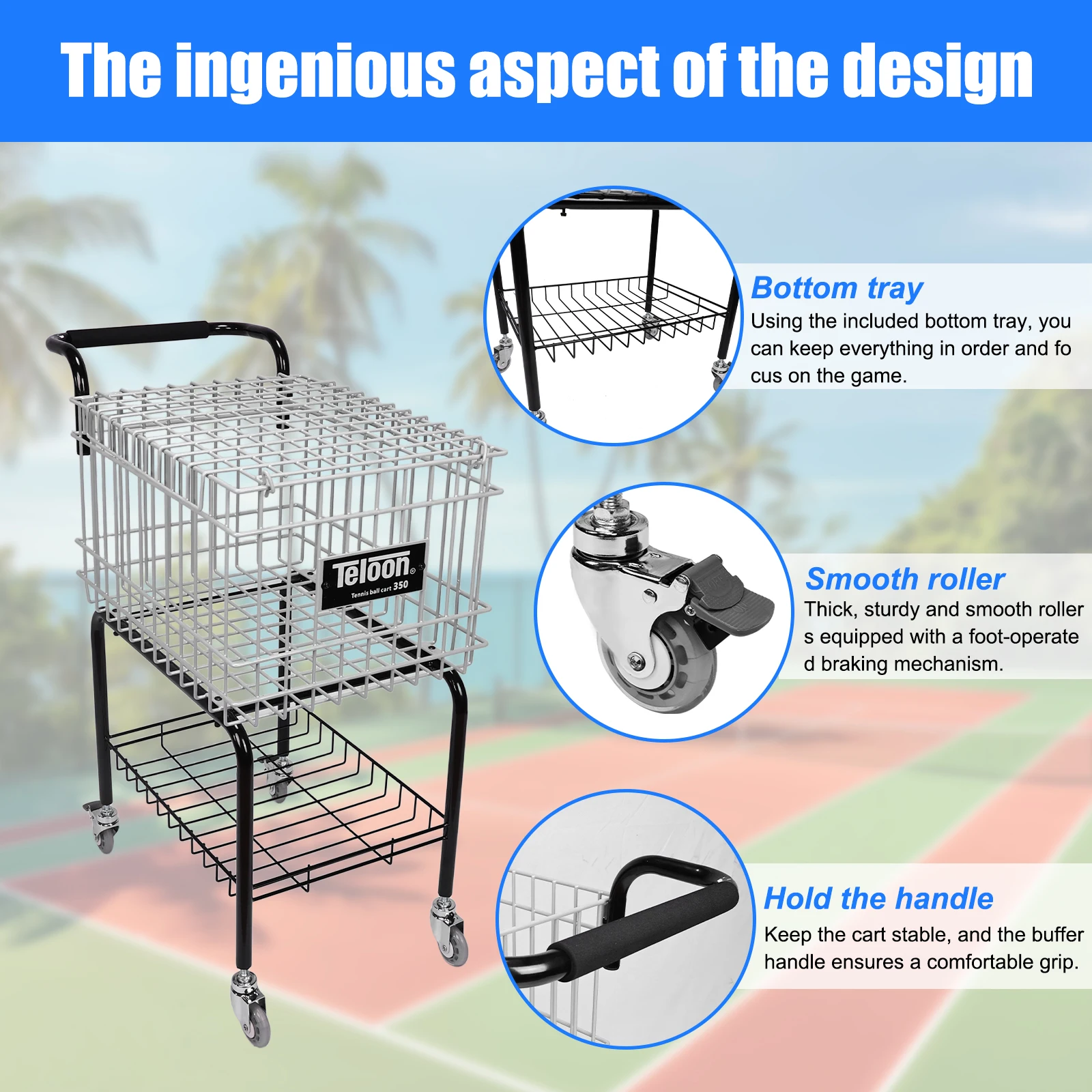 

Wheeled Tennis Ball Hopper Holds 350 Balls with Easy Load Portable Steel Ball Trolley for Tennis/Pickleball/Baseball/Softball