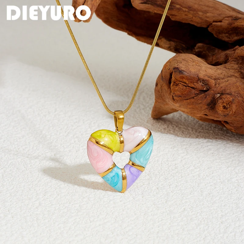 DIEYURO Golden Hollow Cutout Heart Rainbow Enamel Love Charm Pendant Necklace For Women Stainless Steel Clavicle Jewelry Gift