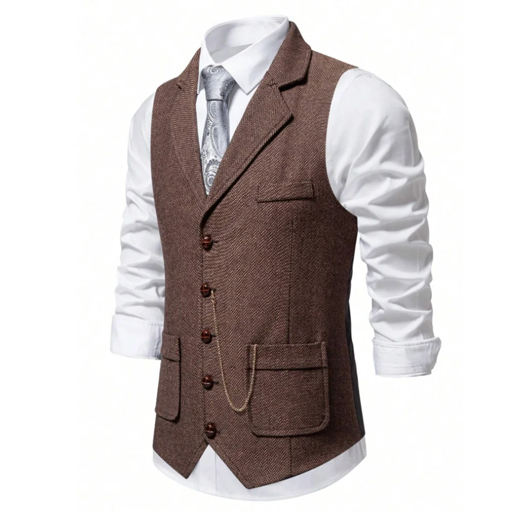 ผู้ชาย Herringbone Tweed Wool Vest Retro Lapel Single Breasted Casual แฟชั่น SLIM FIT เสื้อกั๊กผู้ชายสบายธุรกิจ