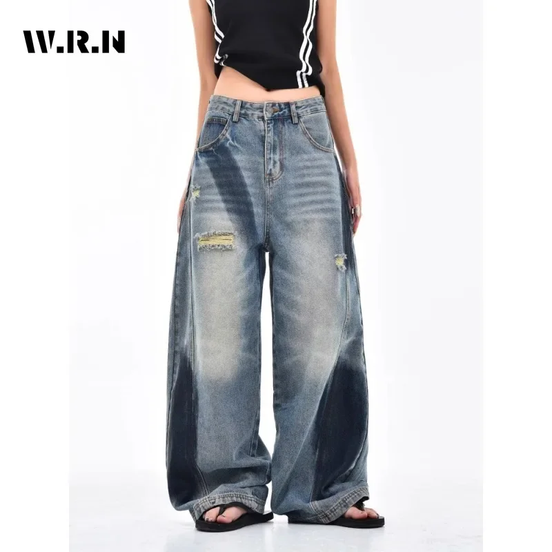 Vintage Ripped Harajuku Loose Fit Jeans Y2K Hollow Out Wide Leg Trashy Pants Women's Baggy Patchwork Blue Denim Trouser