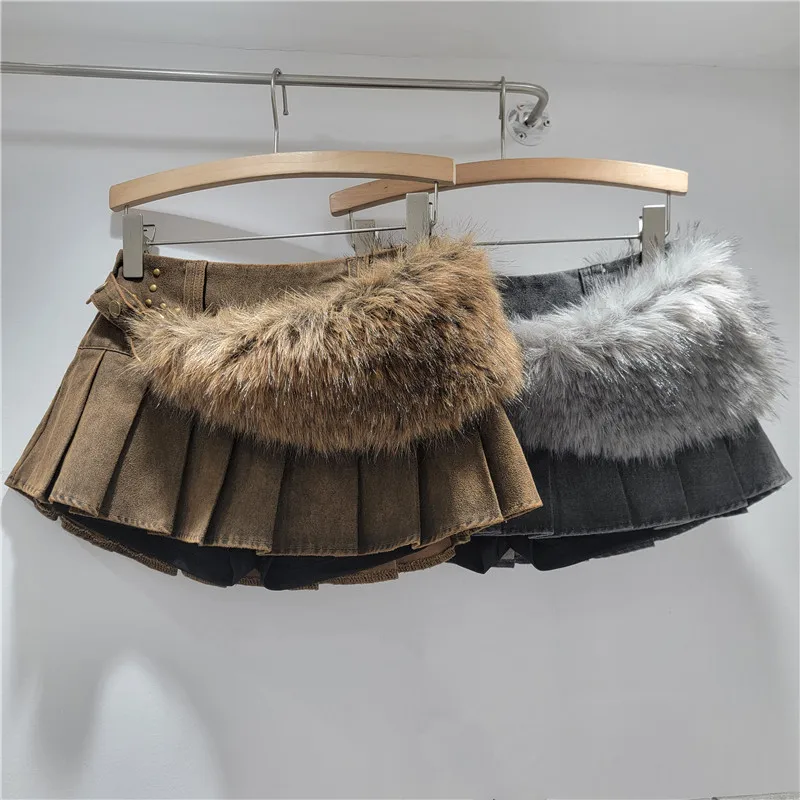 

Heavy Brown Mid-Low Waist Skirt, Furry Patchwork Leather Velvet Sexy Hot Girl Style Mini Pleated Ultra Short Skirt Trend