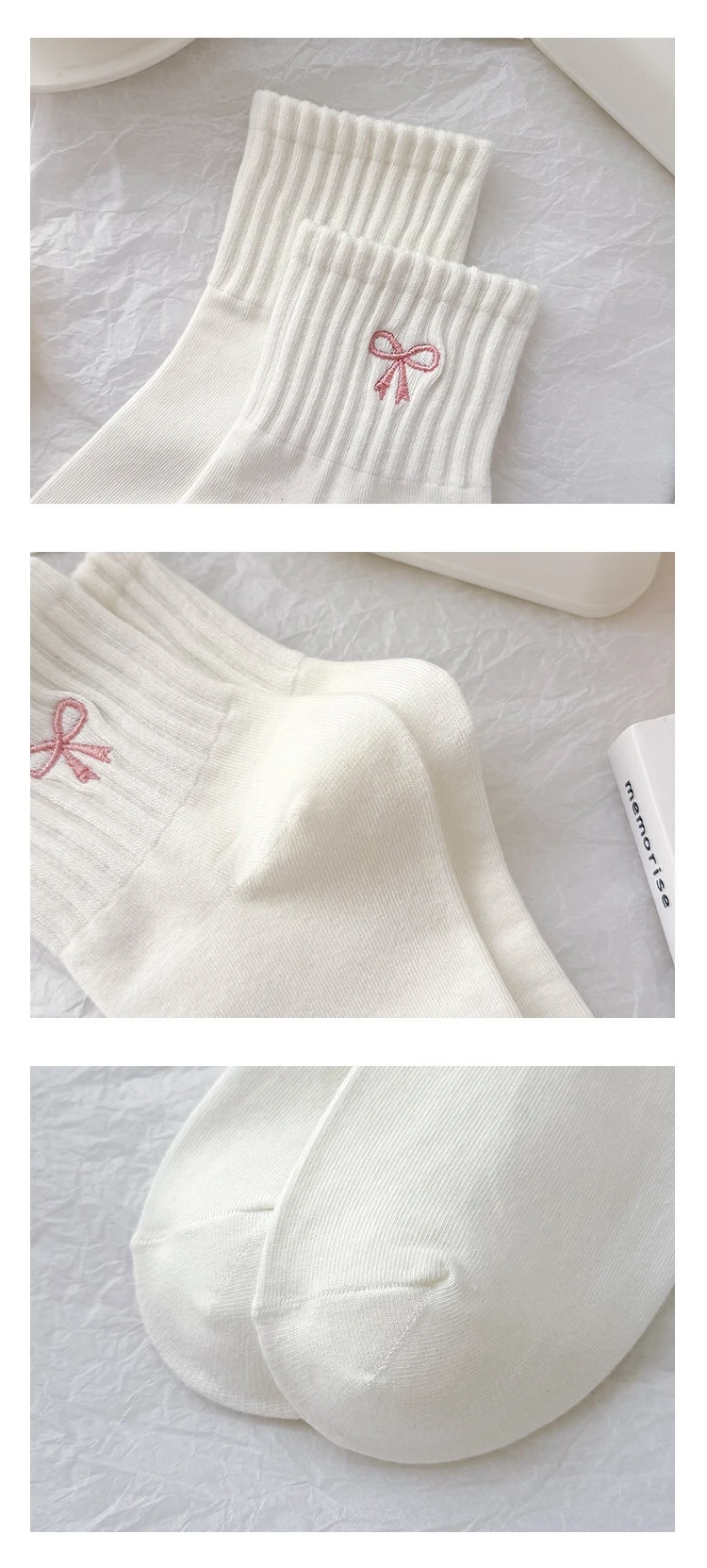 Damen-Mittellange Socken für Frühling und Herbst, atmungsaktiv, mit niedlichem Cartoon-Hasen-Herz-Schleifen-Print, weiße Freizeitsocken – Detail 8