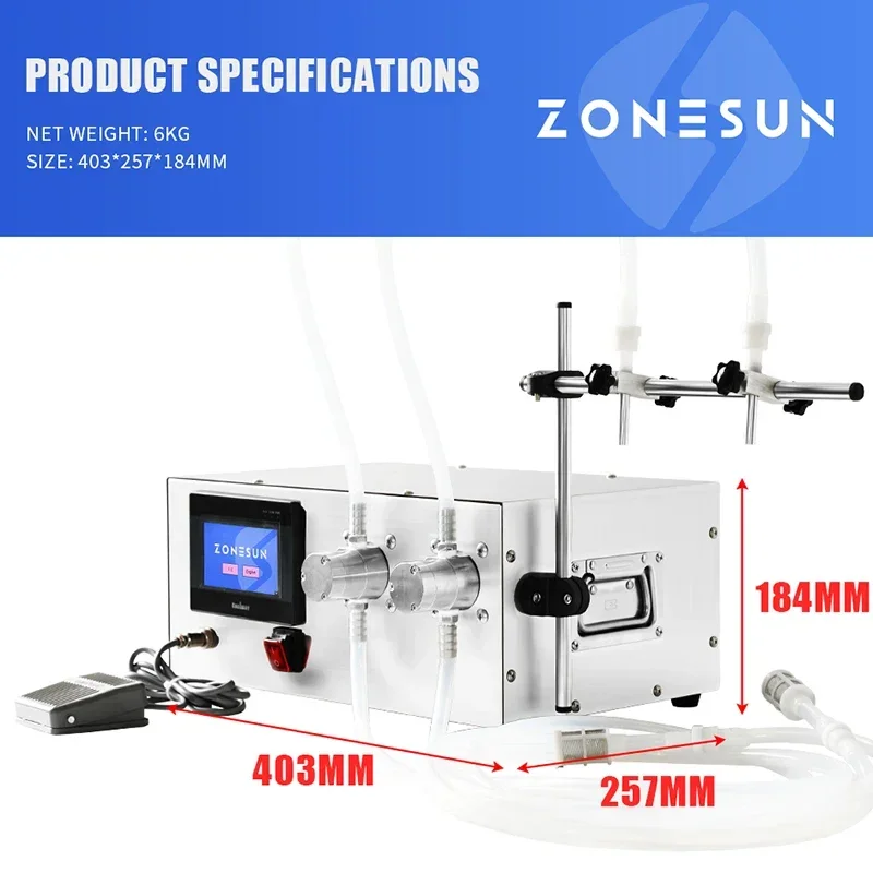 Zonesun เครื่องบรรจุของเหลวกึ่งอัตโนมัติปั๊มแม่เหล็กขวดน้ําเครื่องดื่มนมเครื่องจักรบรรจุภัณฑ์น้ําผลไม้ ZS-MPZ2