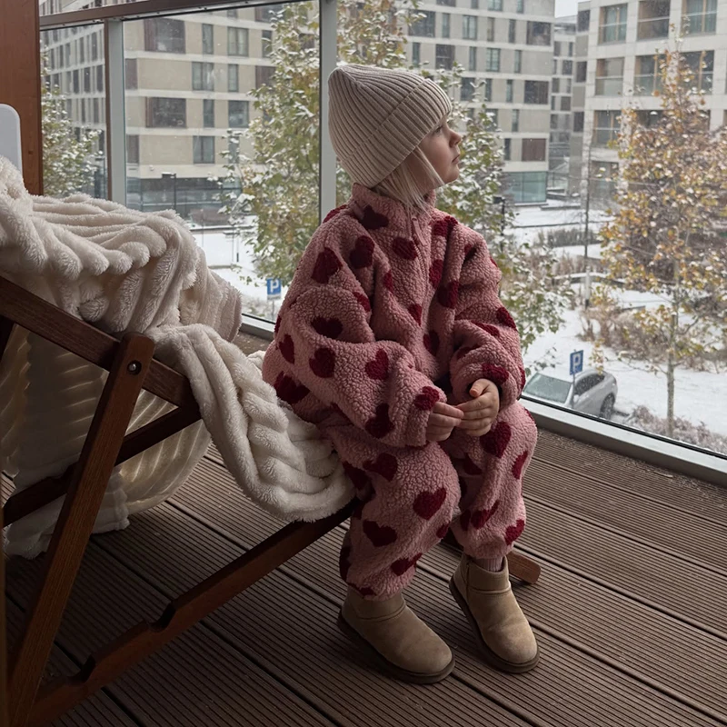 2026 KS Winter Baby Girls Boy Lambswool Jackets Kids Dinosaur Lemon Heart Cherry Pattern Hoodie Pants Outerwear Children's Coats