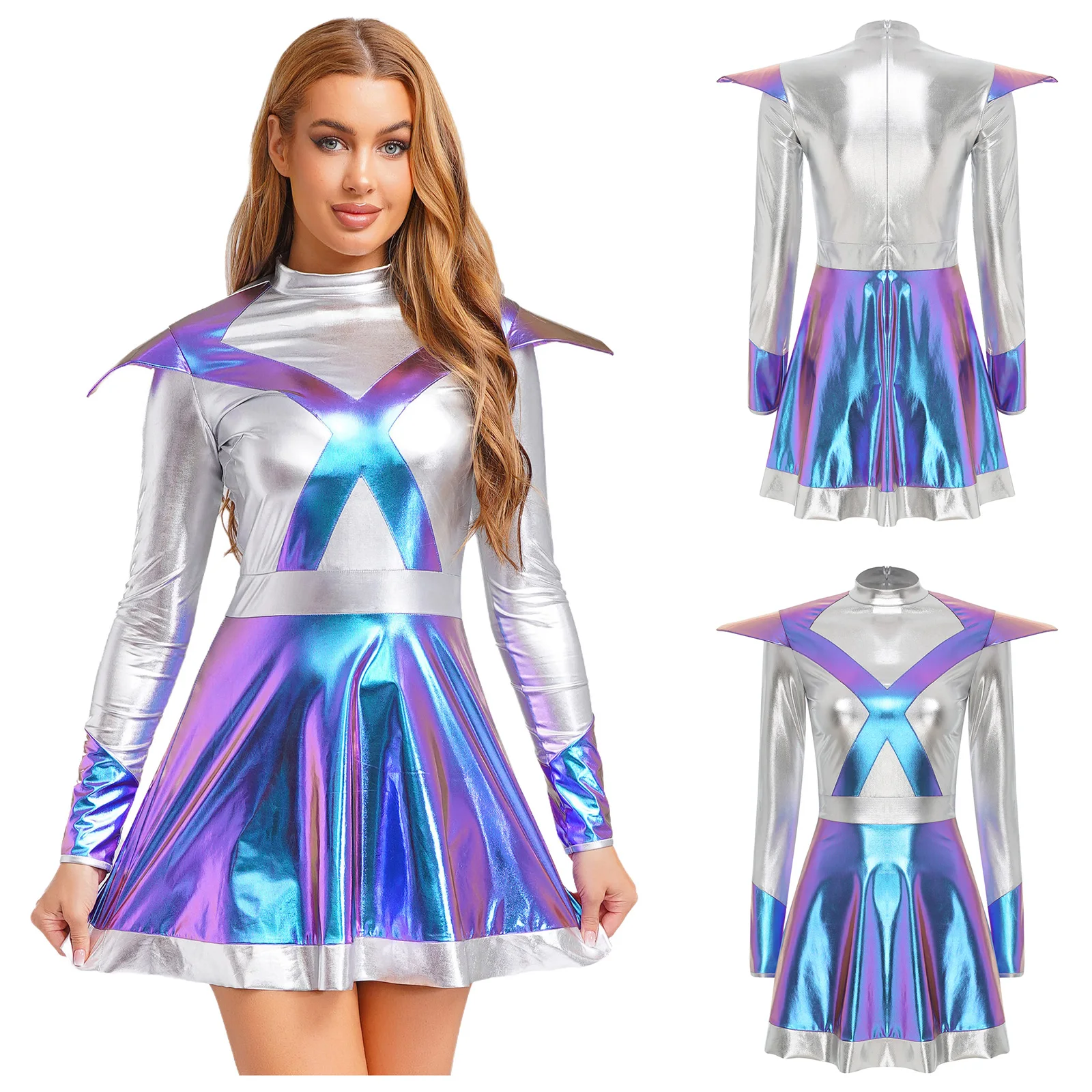 

Women Shiny Alien Outerspace Astronaut Halloween Cosplay Costume Warrior Dress Long Sleeves Tutu Dance Dress for Carnival Party