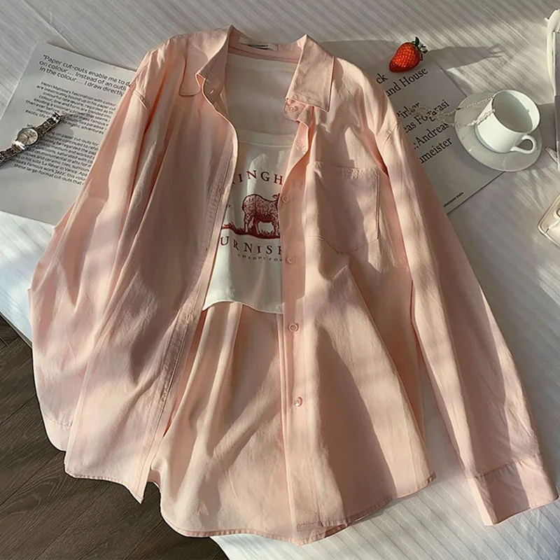 Xpqbb Casual Simple Women Shirt Korean Solid Color Loose Long Sleeve Blouses Female All Match Chic Button Up Shirts Tops New