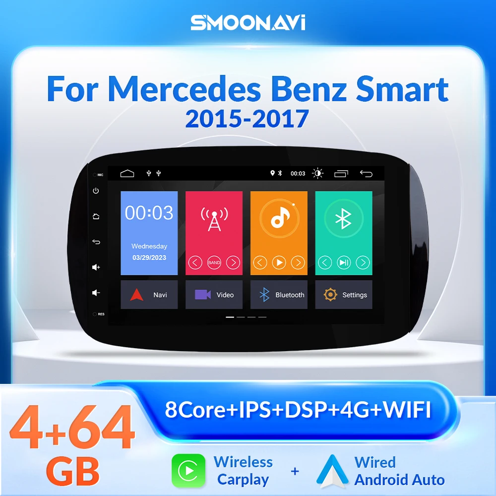 Wireless Carplay 4GB 64GB Wifi Android 12 Car Radio Multimedia For Mercedes Smart Fortwo 2015 2016 2017 GPS RDS Navigation DSP