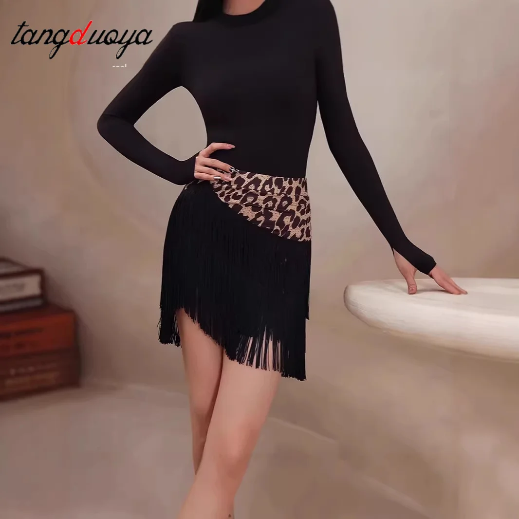 Fringe Latin Dance Skirt Leopard Sexy Adult Latin Skirts Latin Dance Dress Women's Black Practice Skirt Hip Scarf