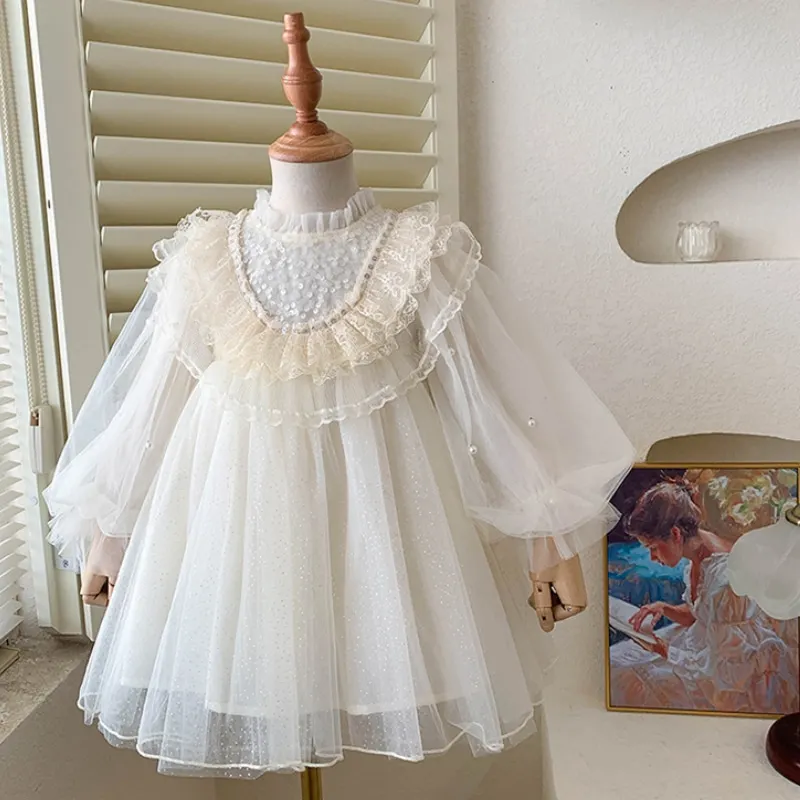 

Fashion Girl Gauze Princess Dress Puffed Sleeve Autumn Infant Toddle Child Lace Sequins Sweet TUTU Dress Party Baby Clothes1-12Y