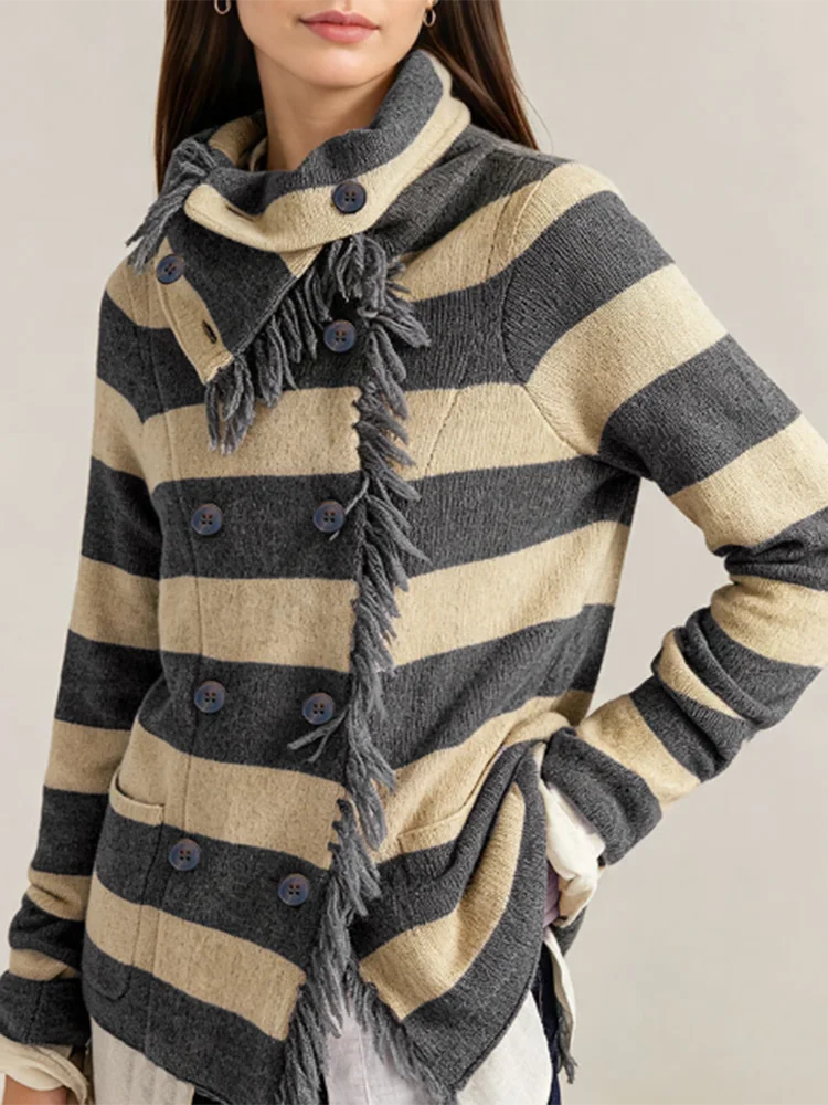 Fashion Color Blocked Double Breasted Jacket Temperament Tassel Splicing Office Cardigan Casual High Neck Knit Long Sleeved Coat