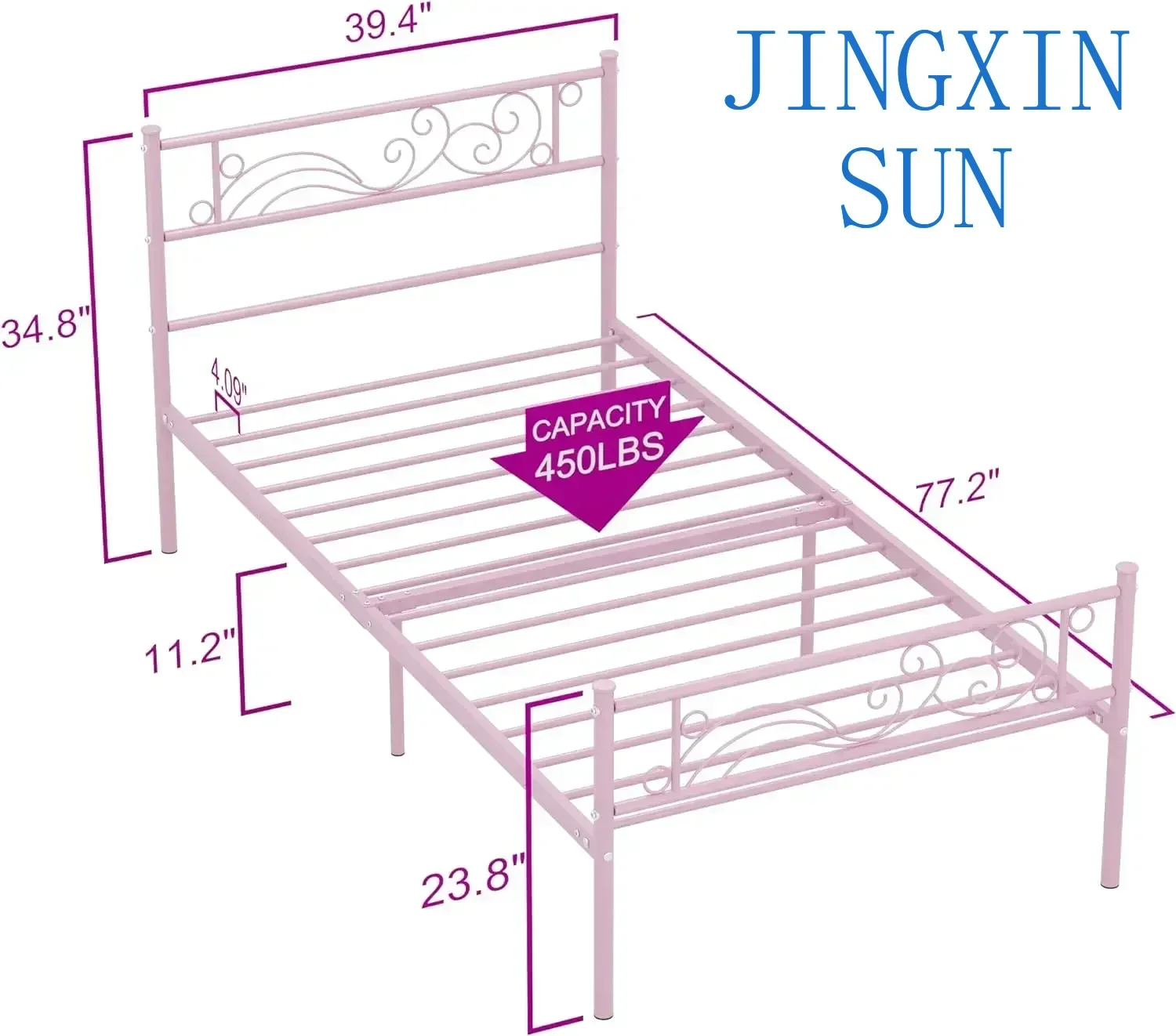 Twin Bed Frames Metal Platform Heavy Duty Steel Slat Under Bed Storage for Kids Pink