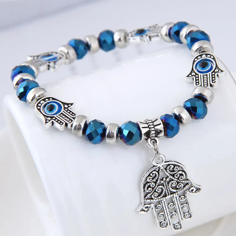 Ethnic Hand Palm Evil Eye Charm Bracelets for Women Men Boho Elastic Resin Bead Bangle Armband Vintage Silver Color Jewelry 2023