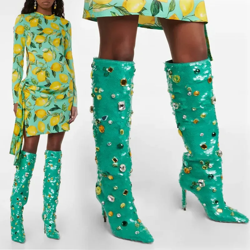 Green Gemstone Sequin Pointed Toe Stiletto Knee High Boots Woman Winter 2026 Rhinestones Slip-On High Heel Plus Size Boots