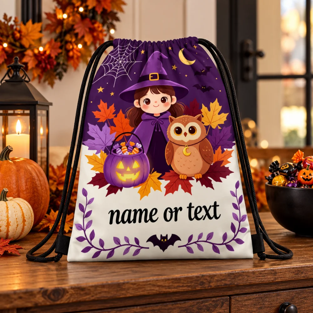 1Pc Custom Name/Text Drawstring Backpack, Little Witch and Owl Pumpkin Design Gift Storage Bag, Suitable for Halloween Party