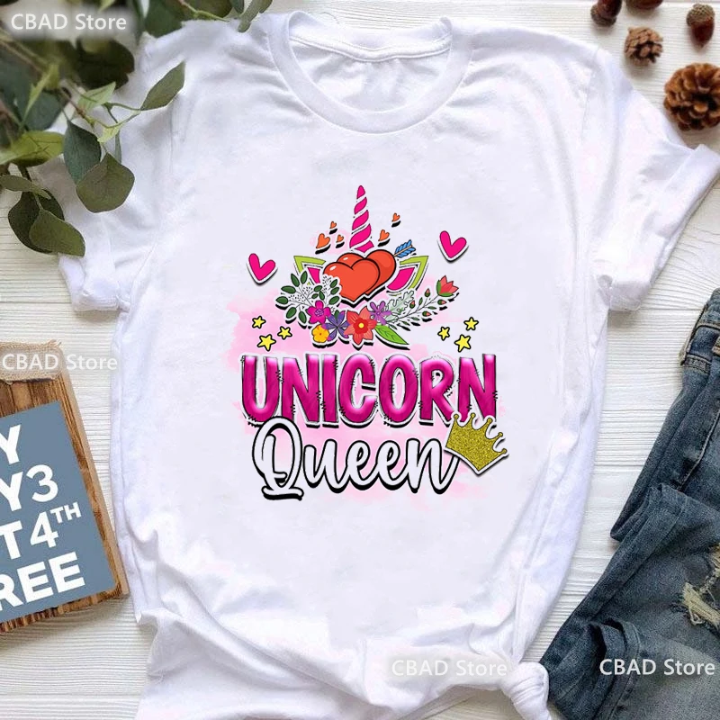 

Birthday Unicorn Queen Graphic Print T Shirt Girls Funny White Tshirt Women Flowers Stars T-Shirt Female Summer Fashion T-Shirt