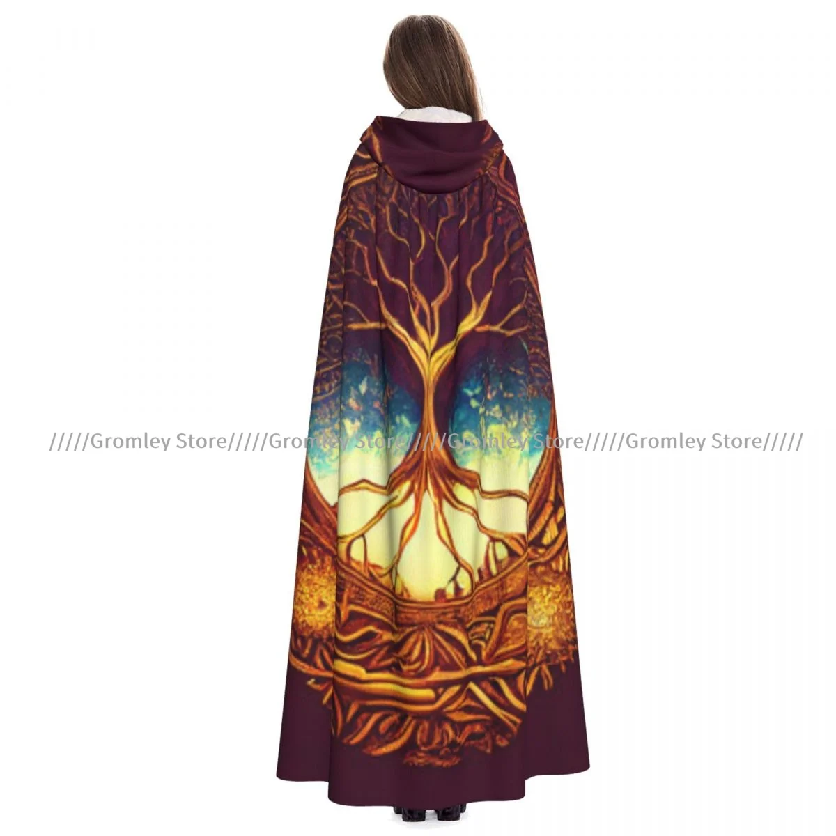 Medieval Halloween Cosplay Cloak Hooded Coat Tree Of Life Yggdrasil Print Cape Coat Long Trench Costume Wizard Cloak