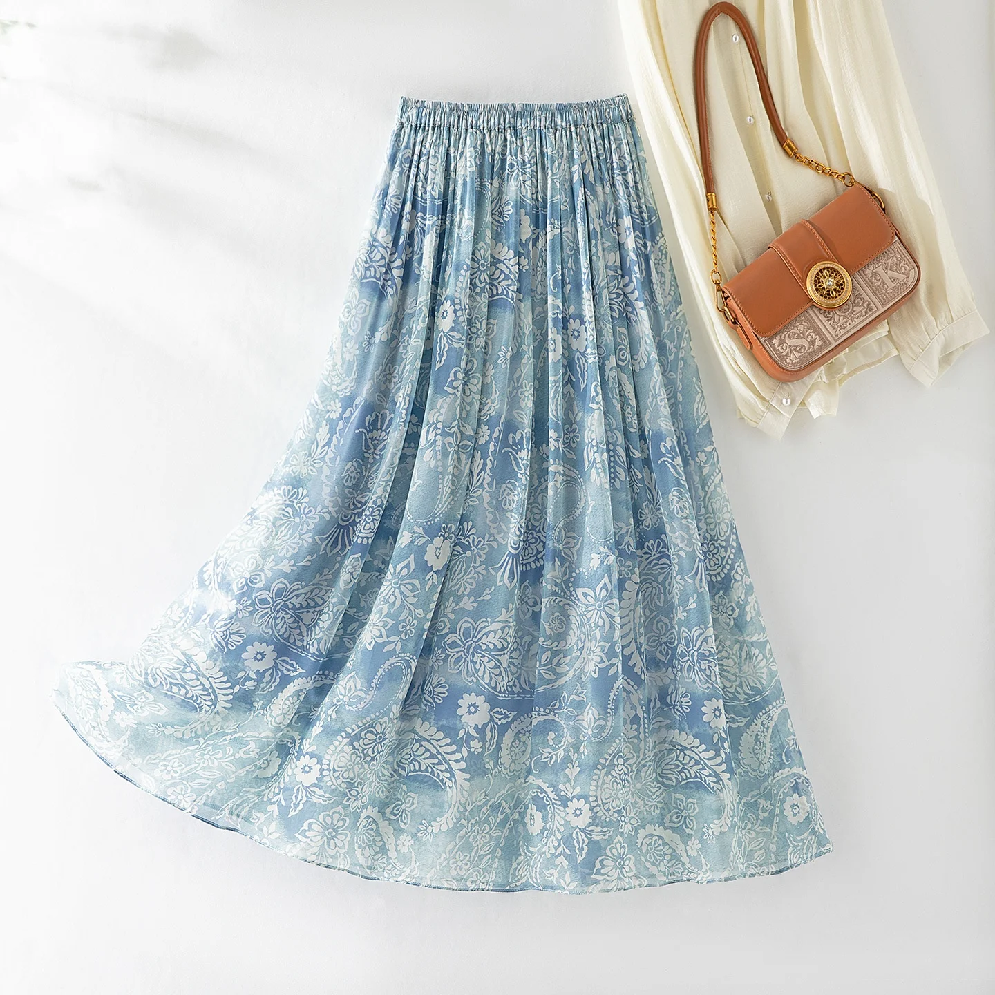 

High-End Luxury Walnut Flower Silk Georgette A-Line Skirt Summer Slimming Large Flounce Skirt City Commute Casual Wear Skirt