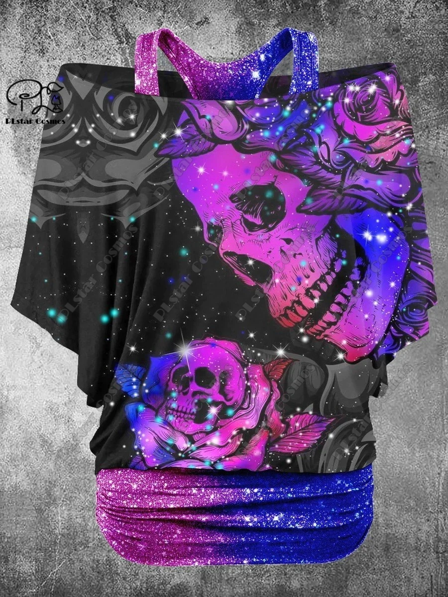 

PLstar Cosmos Women's Retro Skull 3D Print Casual Two-Piece T-Shirt Harajuku Streetwear Collection - 7