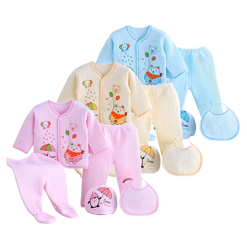 5PCS Baby Sets Newborn Clothes Cotton Print Long Sleeve Infant Boys Girls  Shirt+Pants+Hat+Bib Suit Toddler Clothing 0-3M ﻿