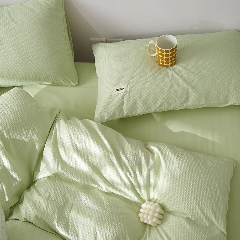 New Waffle Four Piece Set Minimalist Japanese Solid Color Washed Cotton Fitted Sheet Pure Cotton Dormitory Three Piece Set