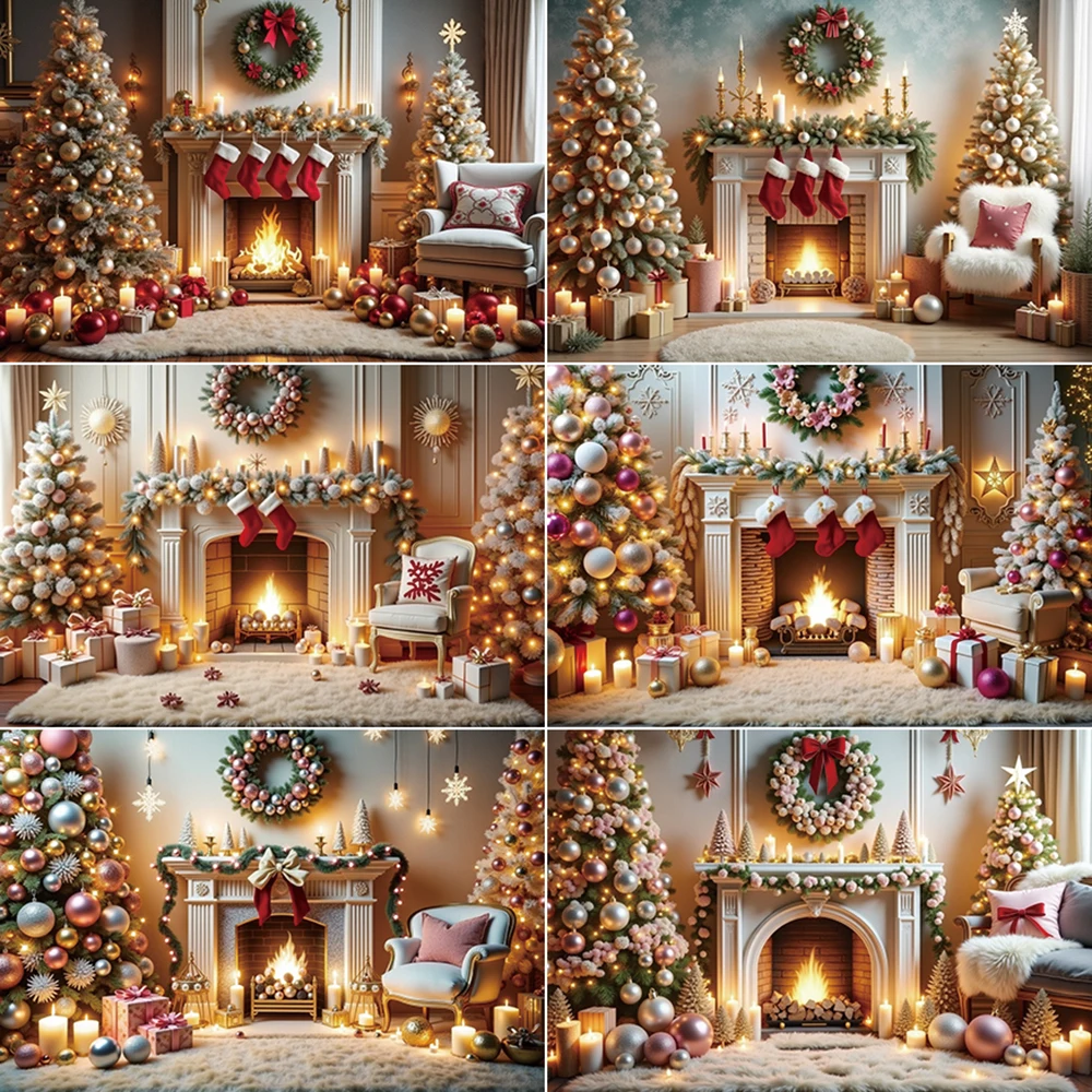 

MOON.QG Happy New Year Merry Christmas Background for Photography Golden Xmas Trees Fireplace Backdrop Photographic Studio Props
