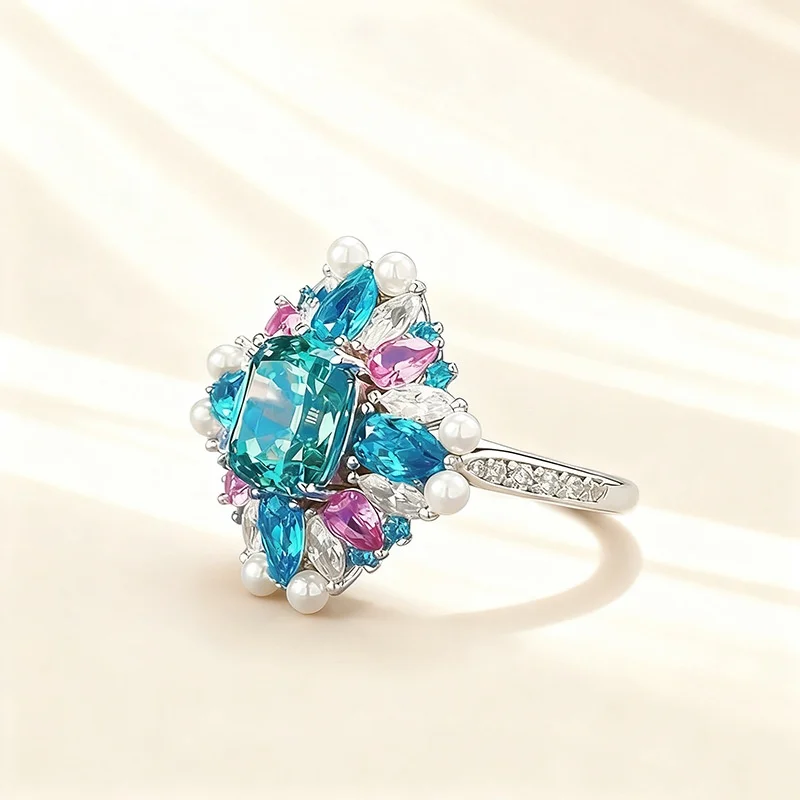 الفاخرة الشهيرة عالية المجوهرات سر حديقة بارايبا التورمالين اللؤلؤ المشاركة الزفاف الأزهار خاتم الزبرجد كوكتيل النساء الفرقة #6