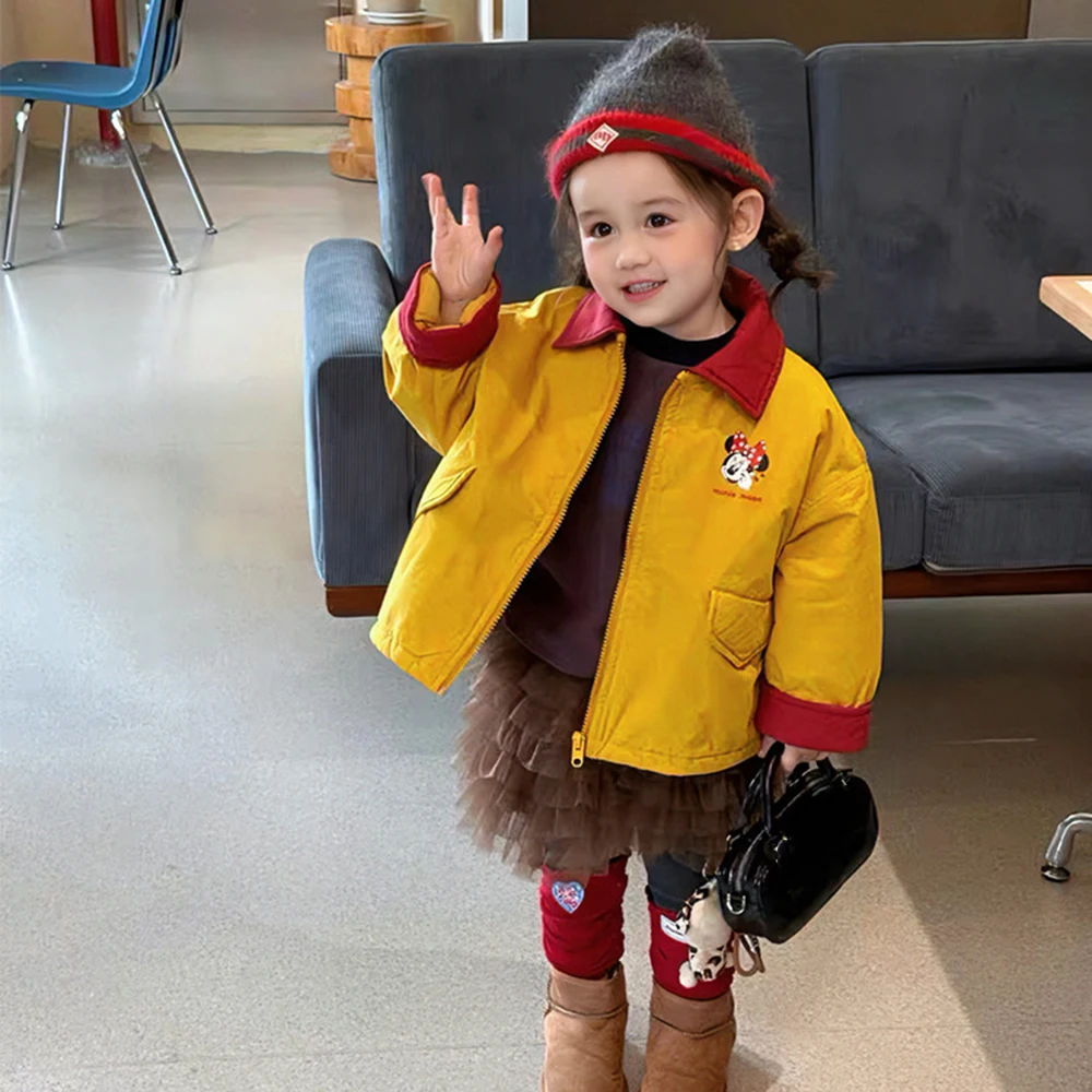 

Girls' Mickey Mouse Yellow Coat Autumn Winter Plush Thick Splicing Color Design Zipper Style Spring Turn-down Collar Jacket