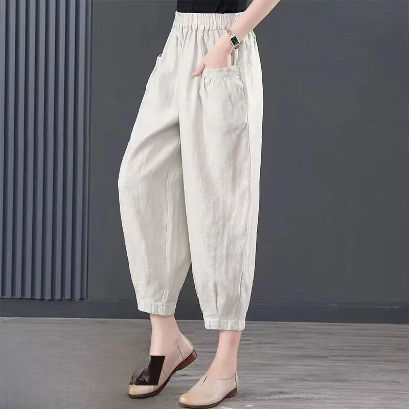 

Womens Loose High Waist Cotton Linen Nine-Piece Pants Waed Ice Silk Drapey Loose Harlan Pants Summer Casual Trousers