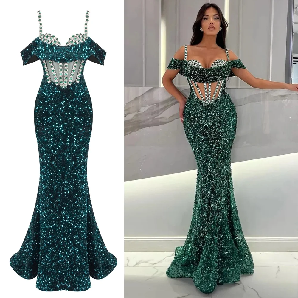 Glamorous Emerald Green Sequin Mermaid Gown Spaghetti-strap Gemstone Cocktail Party Formal Evening Long Dress
