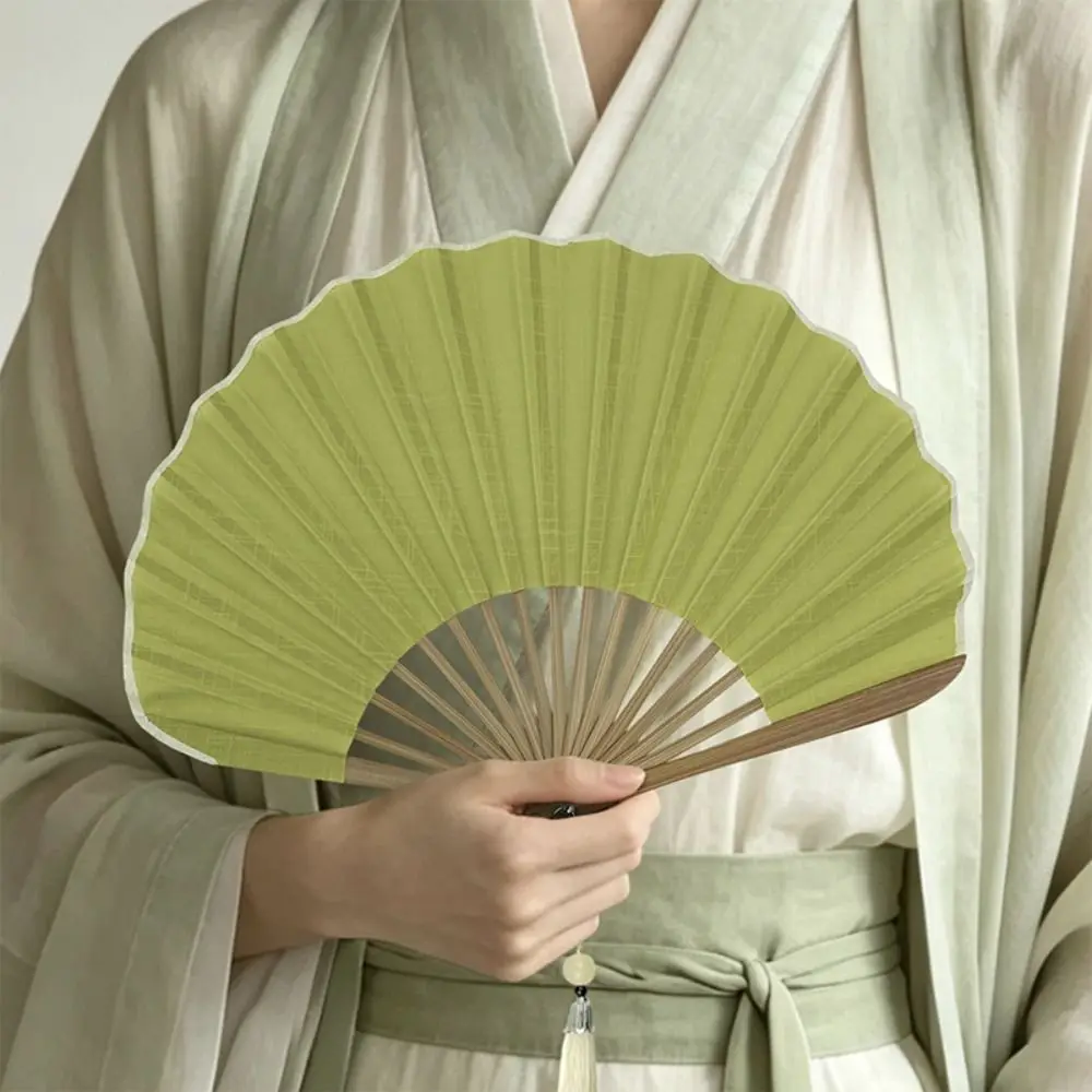 Cotton Linen Cloth Folding Hand Fan Solid Color Bamboo Frame Retro Handheld Fan Shell-Shaped Portable Mini Shell Fan