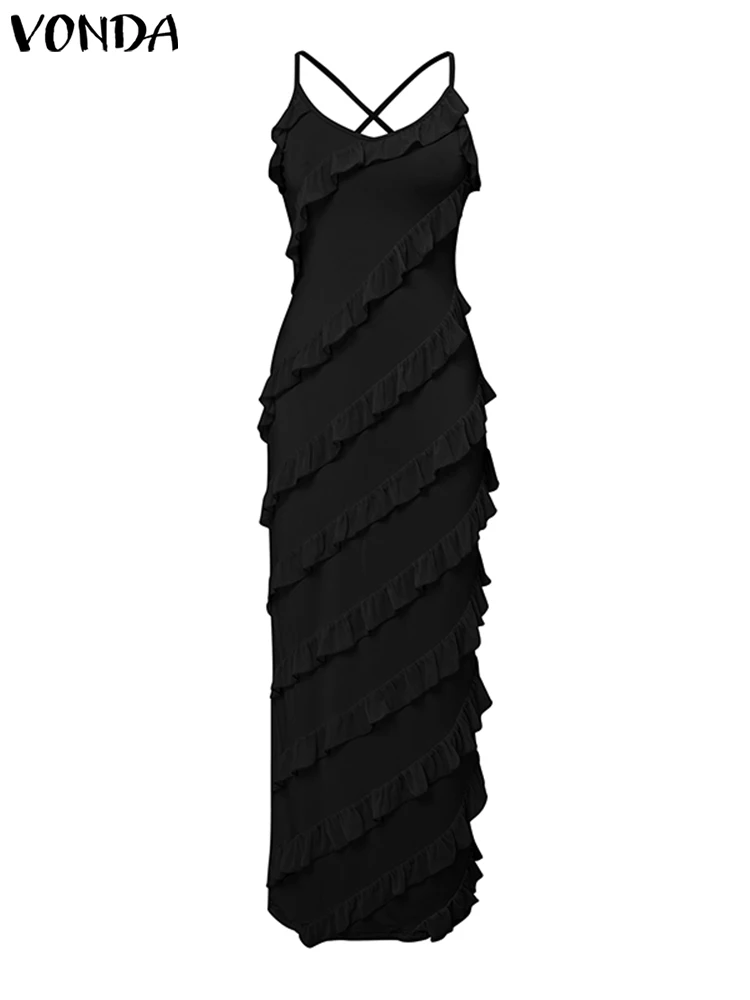 

Summer Party Dress Women Sexy V Neck Sleeveless Sundress 2025 VONDA Fashion Solid Color Strap Evening Vestidos Casual Robe Femme