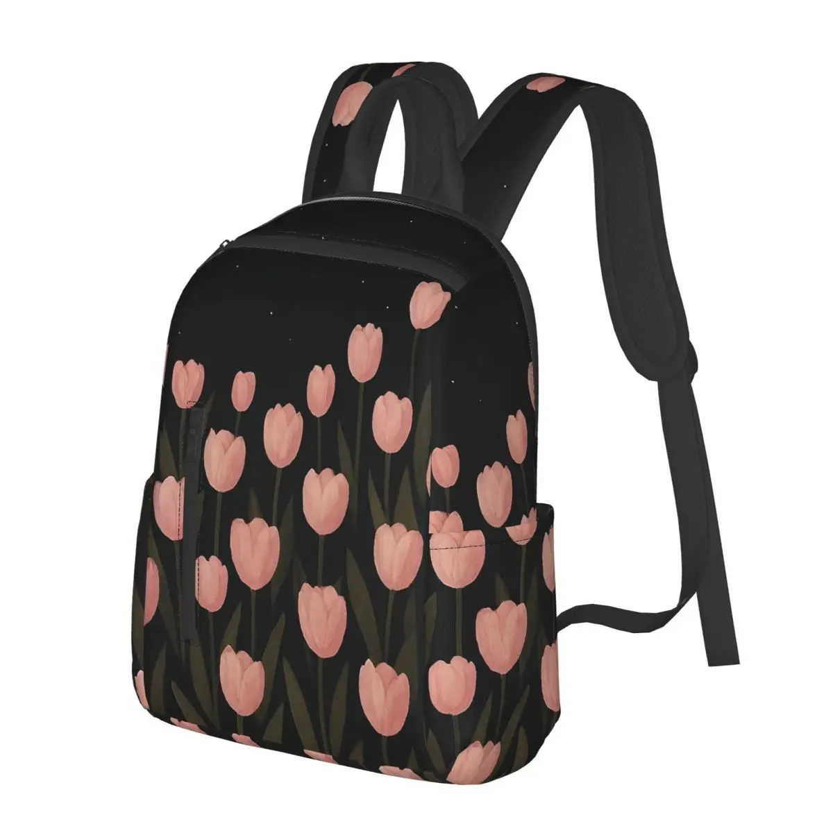 Pink Tulip Green Leaf In Black Background Student Backpack School Bag Hiking Travel Daypack for Men Women Bookbag Shoulder Bags