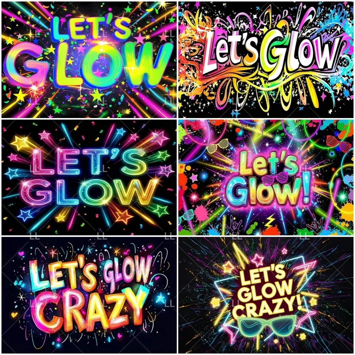 

Let's Glow Neon Backdrop Vibrant Fluorescent Starbursts Splatter Paint Photo Background Wedding Birthda Graduation Supplies Prop