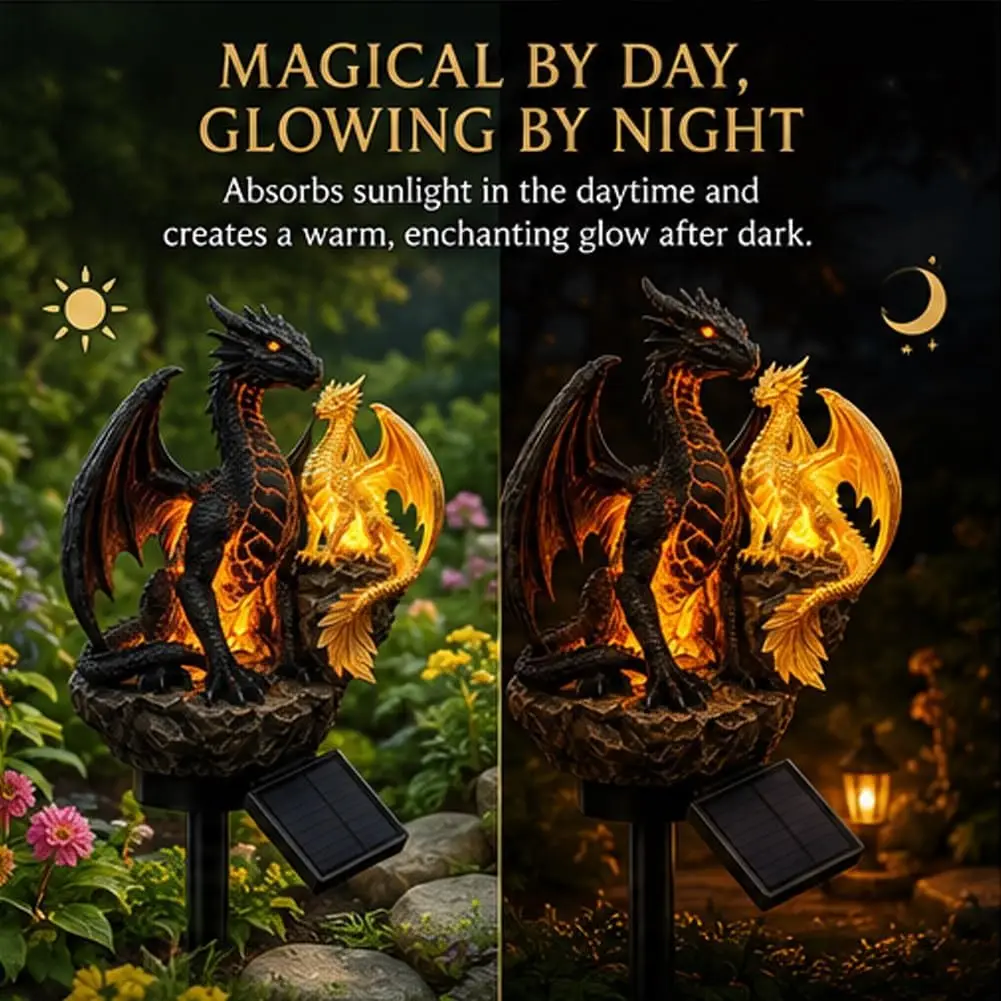 Solar Dragon Statue Light with Warm Amber Glow Resin Gothic Garden Decor for Patio Halloween view 4