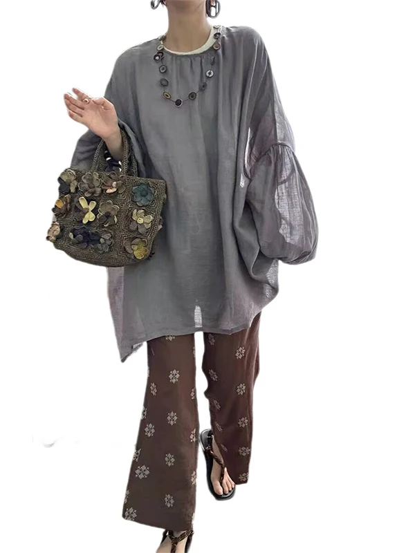 Ele Retro Lantern Sve irt Haut de protection solaire mi-long ample et décontracté pour femme pour l'été 2025