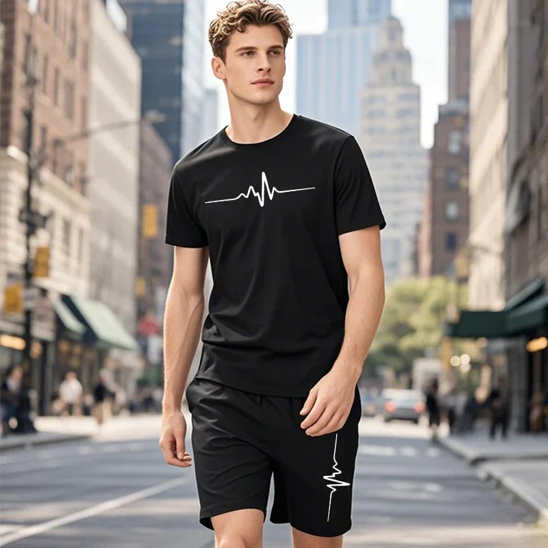 2025 Spring Summer Daily Casual Sports Outfits Urban Fashion Tees Tracksuits Hot Sale Men's T-shirts Walking Shorts 2pcs Set