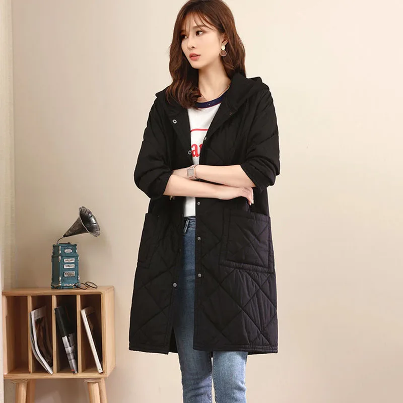 New Autumn Winter Long Cotton Jacket Diamond Lattice Plus Size Women Casual Quilted Cotton Coat Female Hooded Parka Overcoat 4XL