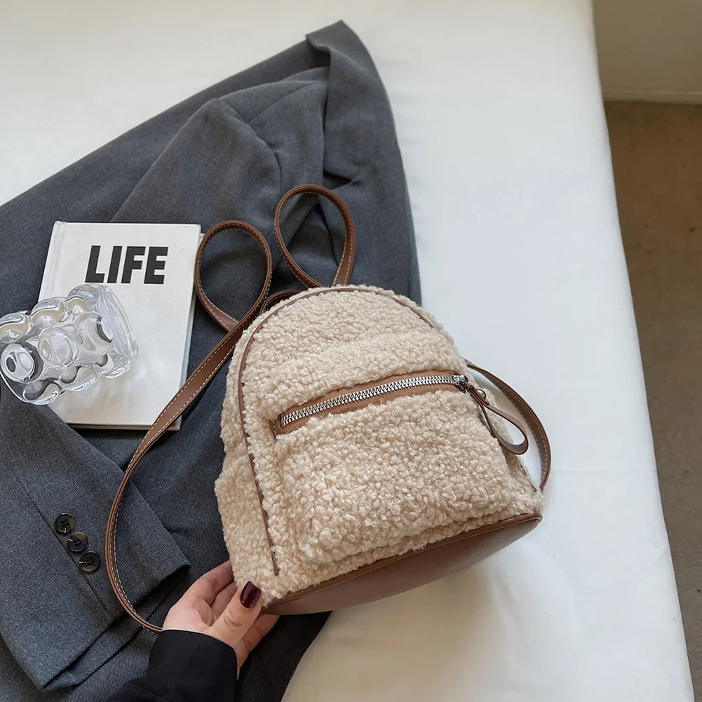 Women Plush Backpack with Multi-Pockets Toddler Backpack Fuzzy Mini Shoulder Bag Mini Schoolbag Mini Travel Bag